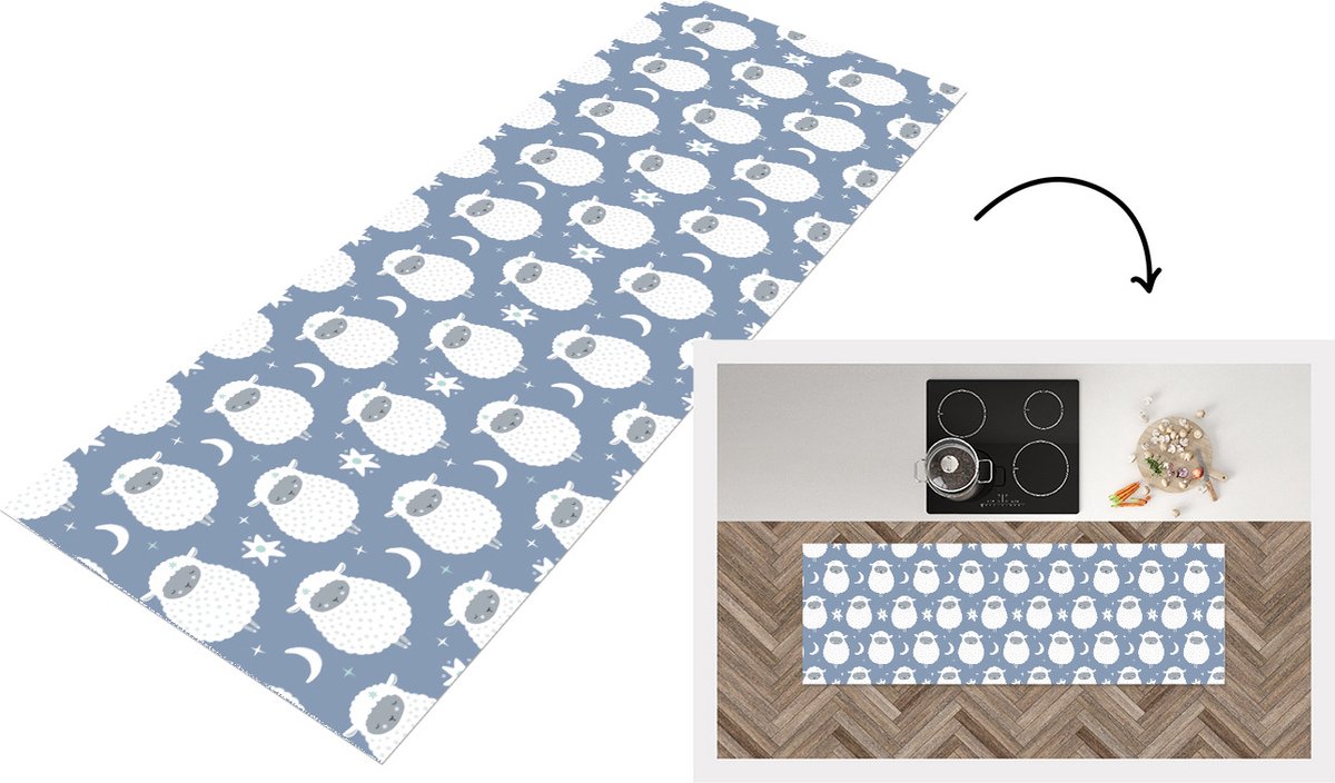 KitchenYeah Keukenloper - Loper keuken - Schapen - Nacht - Maan - Patronen - 180x60 cm - Keukenloper vinyl Multicolor