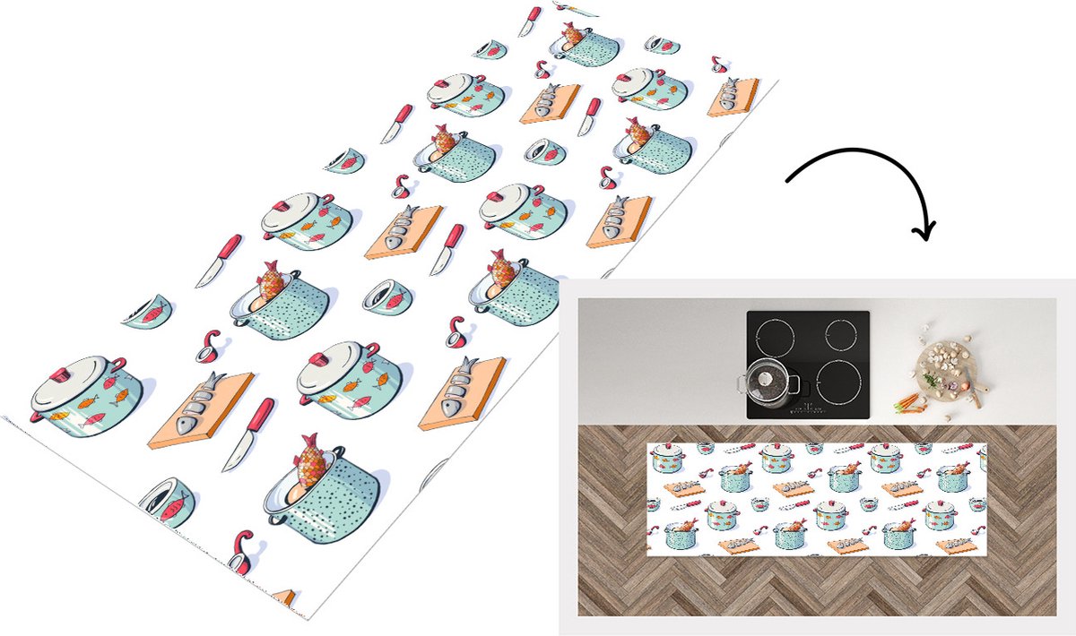 KitchenYeah Keukenloper - Loper keuken - Patronen - Koken - Eten - Vis - Pan - 150x50 cm - Keukenloper vinyl Multicolor
