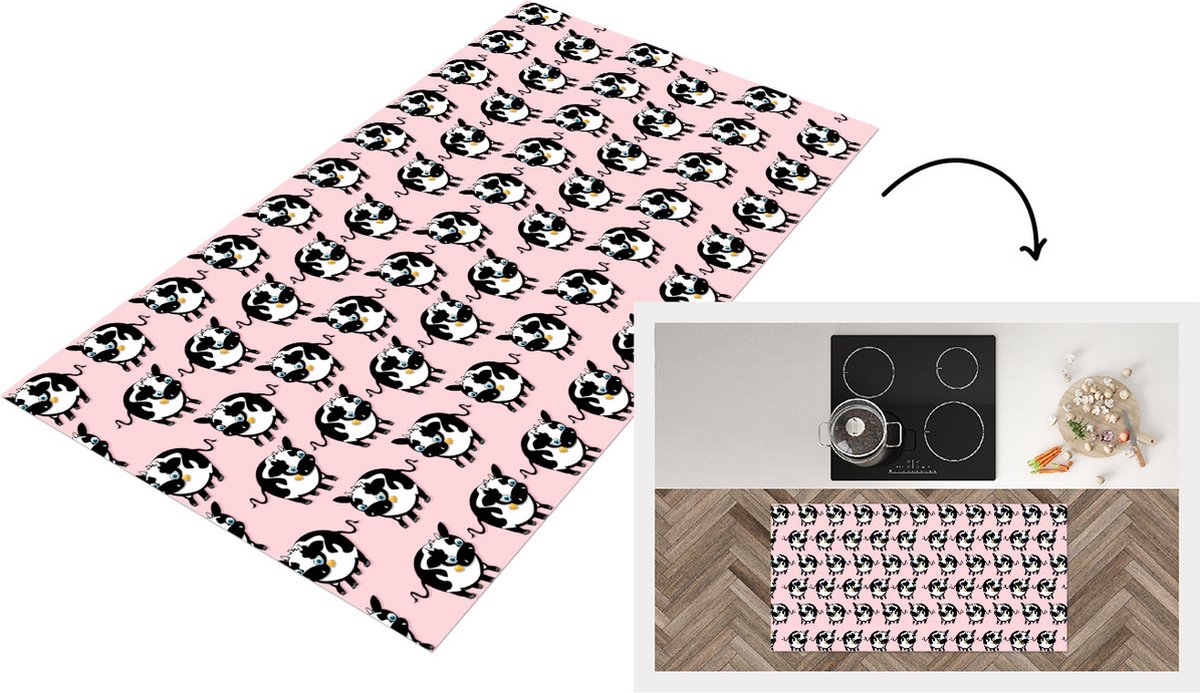 Keukenloper - Loper keuken - Koe - Roze - Patronen - 120x60 cm - Keukenloper vinyl