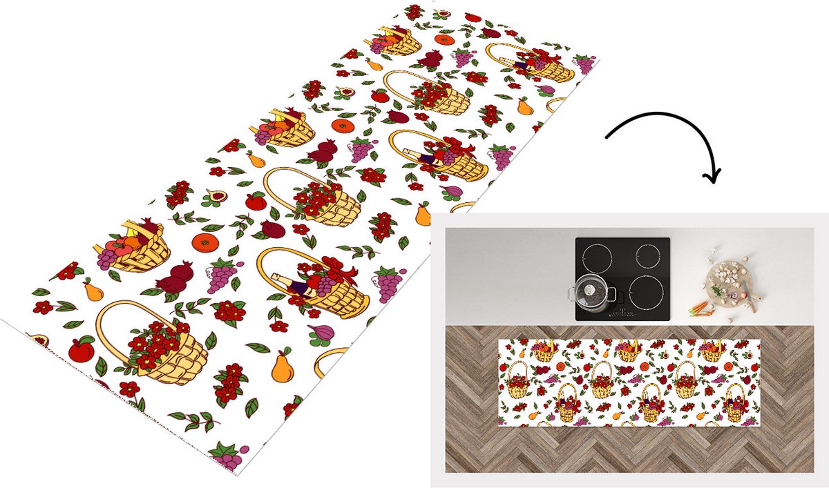 KitchenYeah Keukenloper - Loper keuken - Mand - Fruit - Patronen - 150x50 cm - Keukenloper vinyl Multicolor