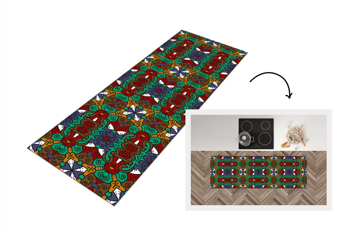 KitchenYeah Keukenloper - Loper keuken - Afrika - Patronen - Abstract - Groen - 180x60 cm - Keukenloper vinyl Multicolor