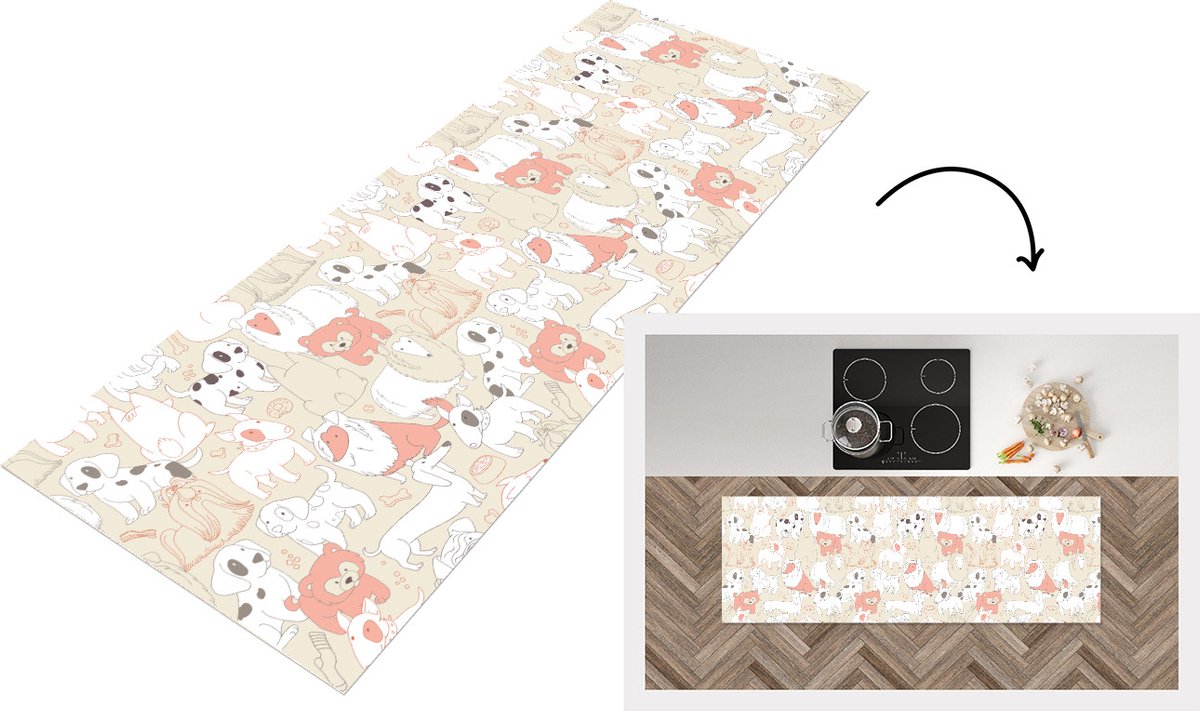 KitchenYeah Keukenloper - Loper keuken - Patronen - Hond - Hondenvoer - 180x60 cm - Keukenloper vinyl Multicolor