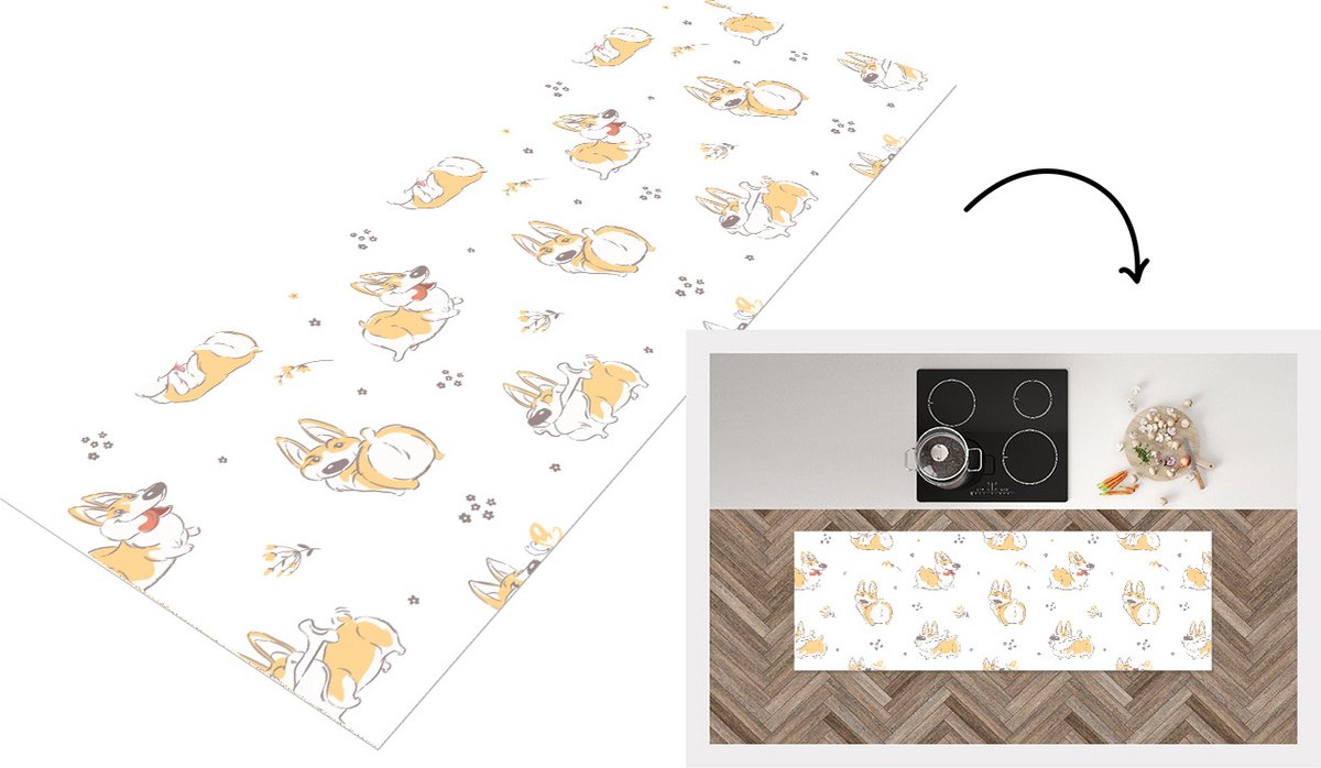 KitchenYeah Keukenloper - Loper keuken - Patroon - Corgi - Hond - 180x60 cm - Keukenloper vinyl Multicolor