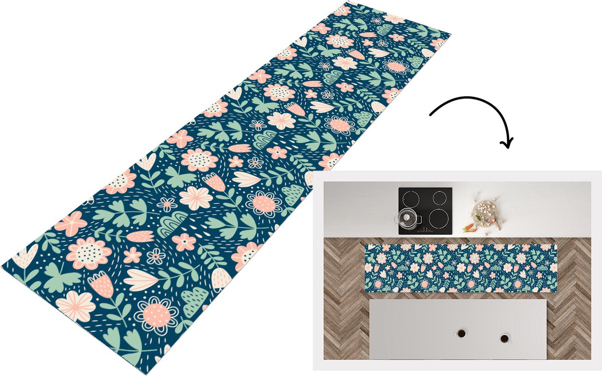 KitchenYeah Keukenloper - Loper keuken - Bloemen - Patroon - Planten - 240x60 cm - Keukenloper vinyl Multicolor