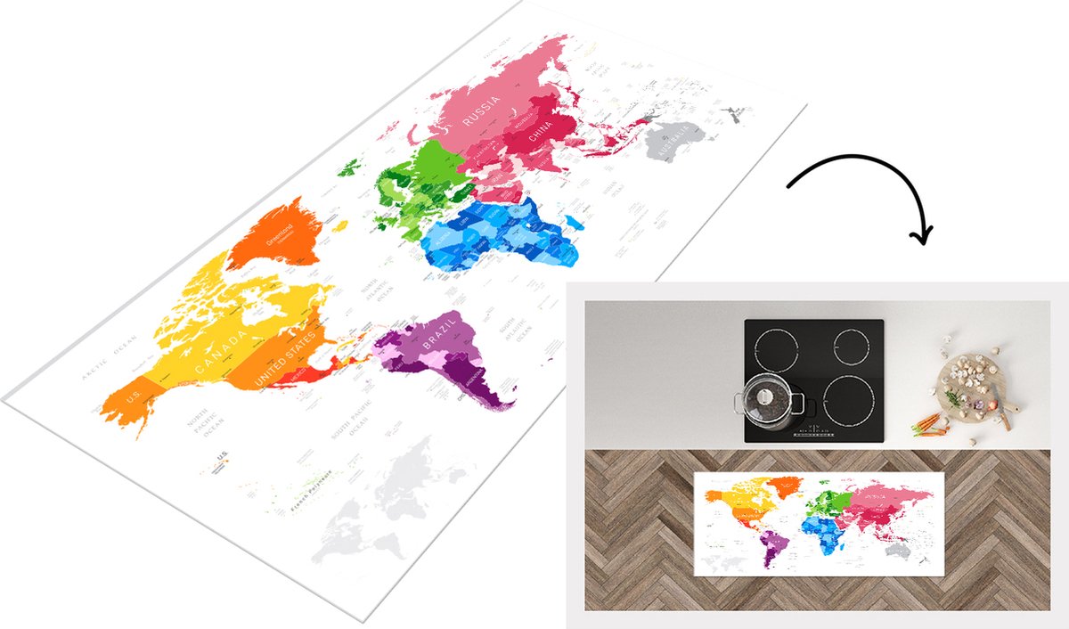 KitchenYeah Keukenloper - Loper keuken - Wereldkaart Kinderen - Kleuren - Tekst - 120x50 cm - Keukenloper vinyl Multicolor