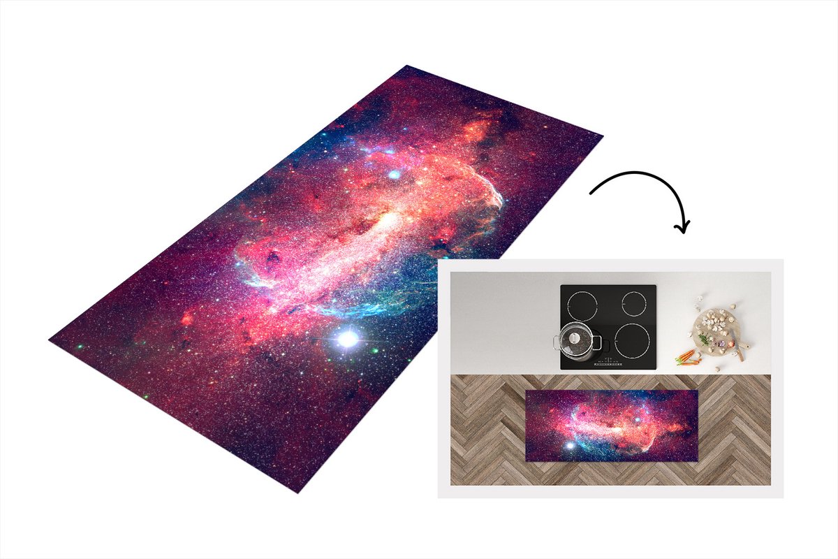 KitchenYeah Keukenloper - Loper keuken - Oranje - Sterren - Ruimte - 120x50 cm - Keukenloper vinyl Multicolor