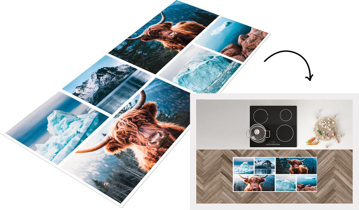 KitchenYeah Keukenloper - Loper keuken - Schotse hooglander - Berg - Meer - 120x50 cm - Keukenloper vinyl Multicolor