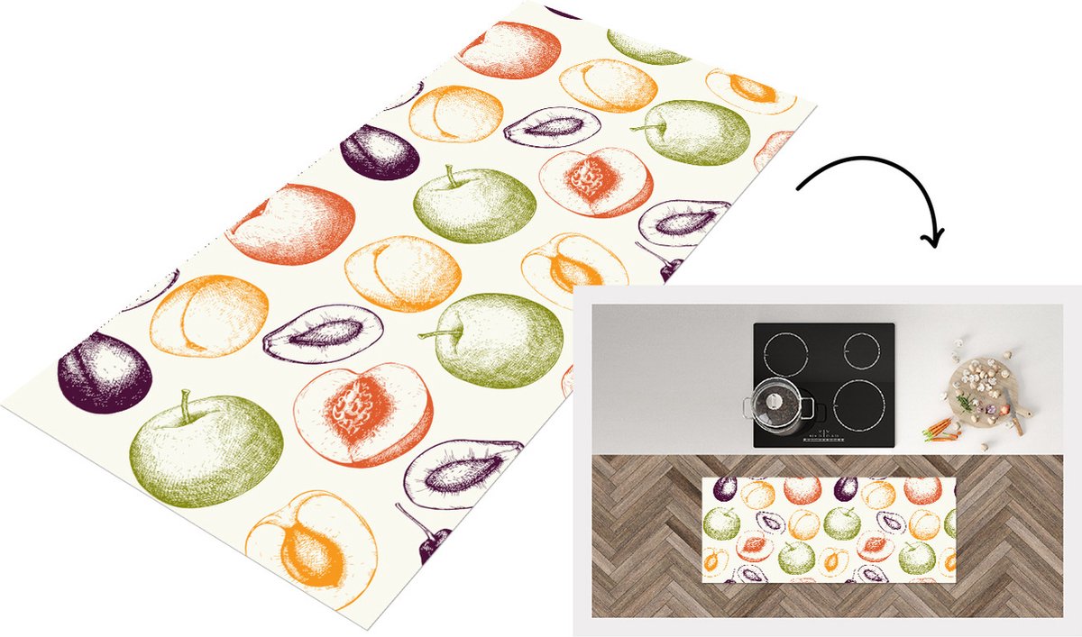 KitchenYeah Keukenloper - Loper keuken - Patroon - Eten - Illustratie - 120x50 cm - Keukenloper vinyl Multicolor