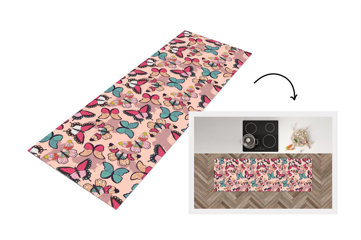KitchenYeah Keukenloper - Loper keuken - Vlinder - Roze - Blauw - Design - 150x50 cm - Keukenloper vinyl Multicolor
