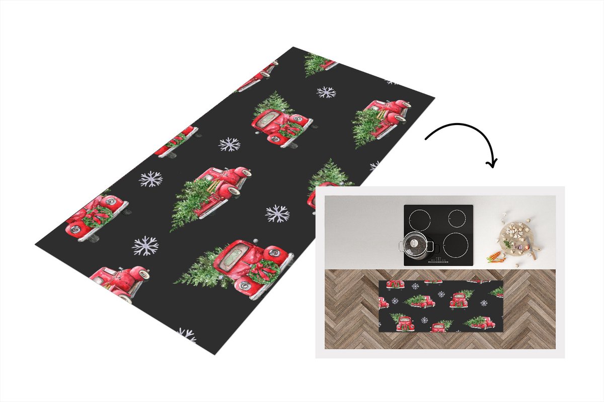 KitchenYeah Keukenloper - Loper keuken - Kerstboom - Auto - Patronen - 120x50 cm - Keukenloper vinyl Multicolor