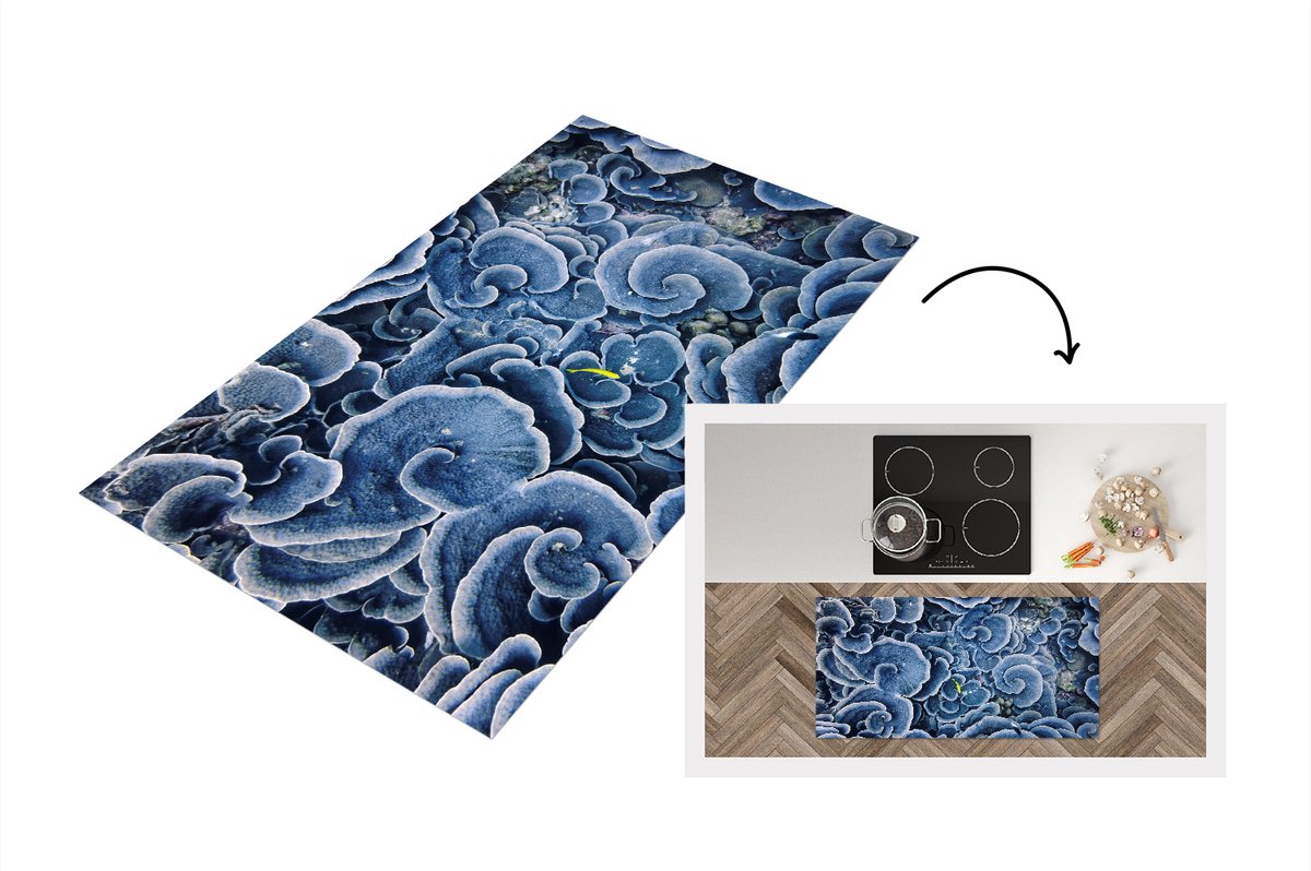 KitchenYeah Keukenloper - Loper keuken - Bovenaanzicht van een gele vis die bij blauw koraal zwemt - Keukenloper vinyl, foto 2