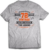 72 Jaar Legend - Feest kado T-Shirt Heren / Dames - Antraciet Grijs / Oranje - Perfect Verjaardag Cadeau Shirt - grappige Spreuken, Zinnen en Teksten. Maat M
