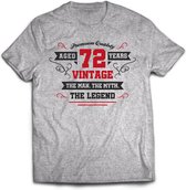 72 Jaar Legend - Feest kado T-Shirt Heren / Dames - Antraciet Grijs / Rood - Perfect Verjaardag Cadeau Shirt - grappige Spreuken, Zinnen en Teksten. Maat M