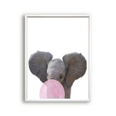 Schilderij  Jungle olifant met roze kauwgom - Jungle dieren / Kauwgombel / 50x40cm