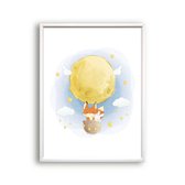 Poster Vosje en konijn in maan luchtballon sterren - schattige dieren / Luchtballon / Ballon / 30x21cm