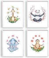 Poster Set 4 Yoga dieren giraf panda olifant luiaard - Namaste / Jungle / Safari / 70x50cm