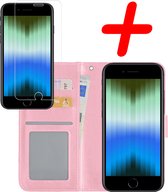 Hoes voor iPhone SE 2022 Hoesje Bookcase Met Screenprotector - Hoes voor iPhone SE 2022 Case Hoes Cover - Hoes voor iPhone SE 2022 Screenprotector - Licht Roze