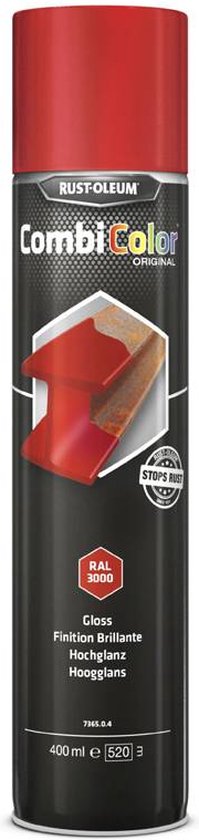 Spuitbus Rust-Oleum CombiColor Original rood met afbeelding van kwast op metaal.