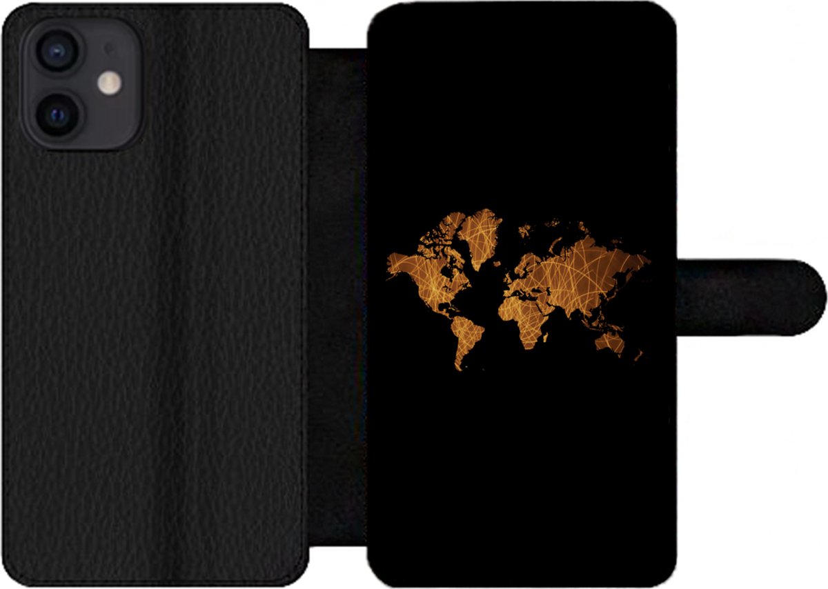 Telefoonhoesje Geschikt voor iPhone 12 telefoonhoesje - Wereldkaart - Riet - Plattegrond - Met vakjes - Wallet case met magneetsluiting - Stadskaart