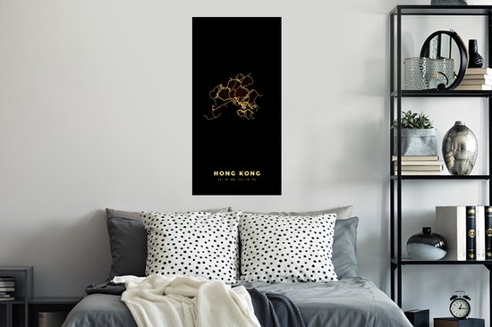 Stickers muraux - Film autocollant - Hong Kong - Carte - Zwart - Or - 40x80 cm - Film adhésif - Stickers muraux Chambre d'enfant - Papier peint autocollant