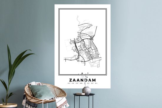 Stickers muraux - Plan de la ville - Zwart Wit - Carte - Zaandam - Nederland - Carte - 80x120 cm - Feuille adhésive