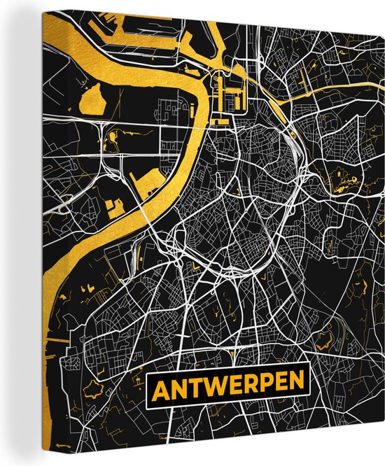Peinture sur toile Anvers - Or - Carte - Plan de ville - Carte - 50x50 cm - Décoration murale