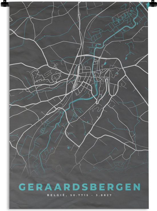 Wandkleed - Wanddoek - Plattegrond – Geraardsbergen – Blauw – Stadskaart - Kaart - België - 120x180 cm - Wandtapijt