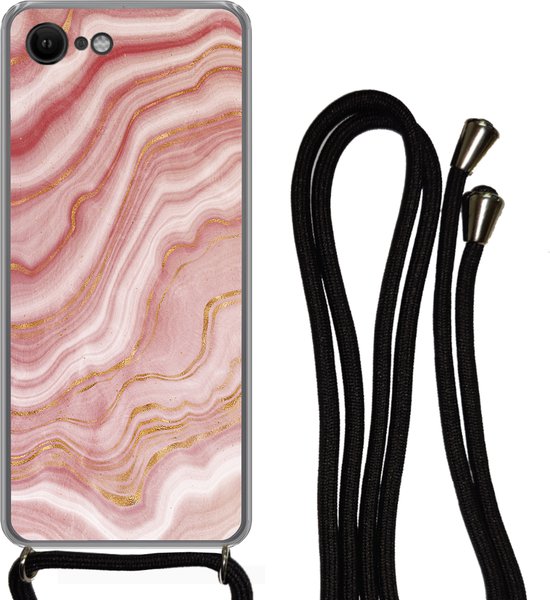 Coque avec cordon iPhone SE 2020 - Marbre - Rouge - Wit - Siliconen - Bandoulière - Coque arrière avec cordon - Coque pour téléphone avec cordon - Coque avec corde