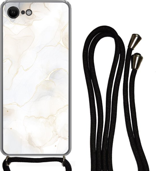 Coque avec cordon iPhone SE 2020 - Imprimé marbré - Wit - Jaune - Siliconen - Bandoulière - Coque arrière avec cordon - Coque pour téléphone avec cordon - Coque avec corde