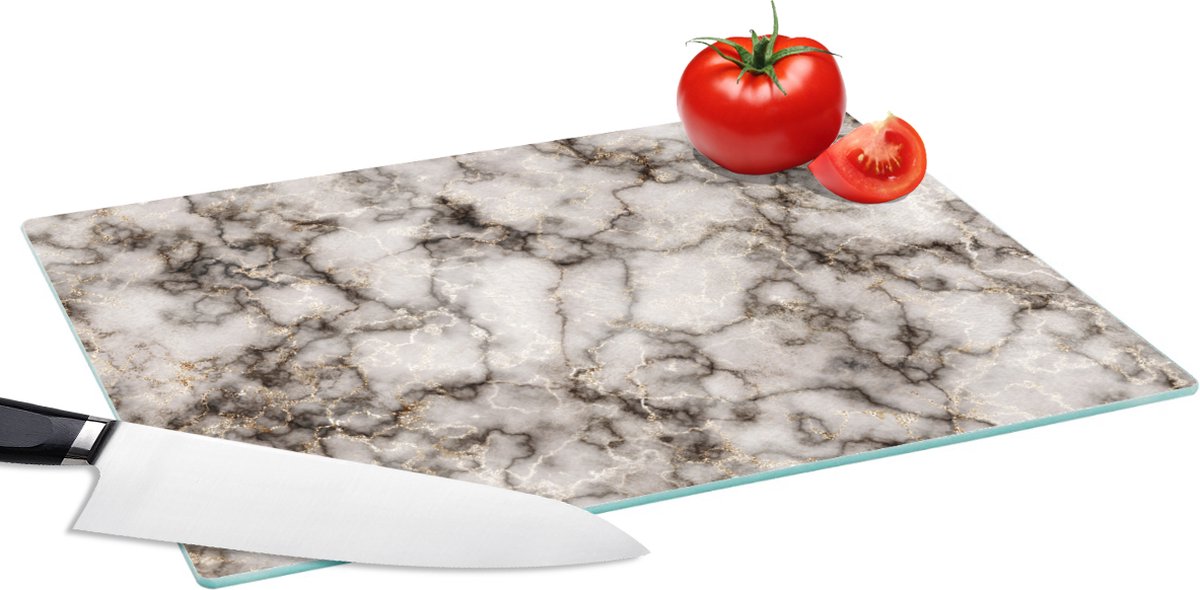Glazen Snijplank - 39x28 - Marmer - Zwart - Goud - Snijplanken Glas