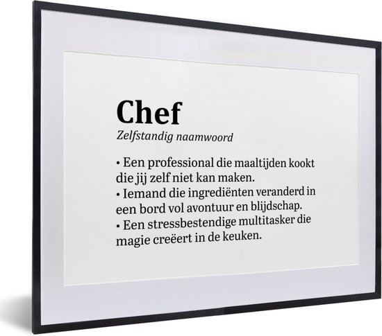 Fotolijst incl. Poster - Definitie - Kok - Chef - Koken - Woordenboek - Keuken - Betekenis - Spreuken - Tekst - 40x30 cm - Posterlijst