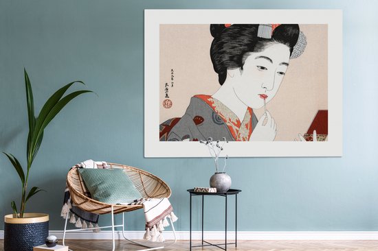Canvas schilderij 160x120 cm - Wanddecoratie Vintage - Japans - Vrouw - Make up - Muurdecoratie woonkamer - Slaapkamer decoratie - Kamer accessoires - Schilderijen op canvas