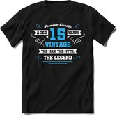 15 Jaar Legend - Feest kado T-Shirt Heren / Dames - Wit / Blauw - Perfect Verjaardag Cadeau Shirt - grappige Spreuken, Zinnen en Teksten. Maat M