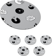 Onderzetters voor glazen - Rond - Donut - Patronen - Koffie - Zwart Wit - 10x10 cm - Glasonderzetters - 6 stuks
