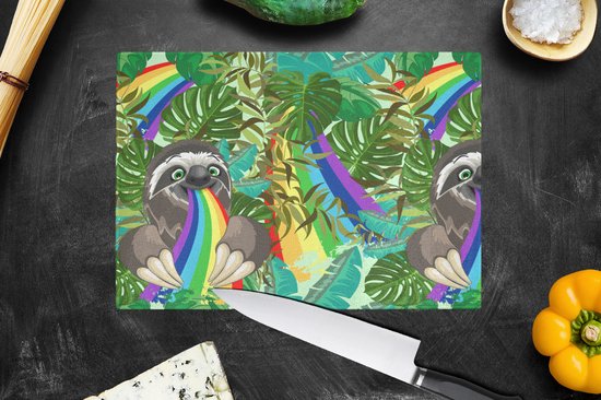 Planche à découper en Verres - 28x20 - Paresseux - Arc-en-ciel - Feuilles - Motifs - Planches à découper en Glas