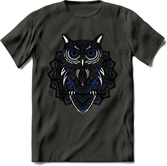 Uil - Dieren Mandala T-Shirt | Donkerblauw | Grappig Verjaardag Zentangle Dierenkop Cadeau Shirt | Dames - Heren - Unisex | Wildlife Tshirt Kleding Kado | - Donker Grijs - XXL