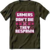 Gamers don't die pixel T-shirt | Neon Roze | Gaming kleding | Grappig game verjaardag cadeau shirt Heren – Dames – Unisex | - Leger Groen - S