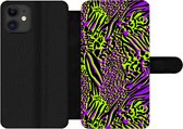 Bookcase Geschikt voor iPhone 12 Pro Max telefoonhoesje - Dierenprint - Zebra - Neon - Paars - Met vakjes - Wallet case met magneetsluiting