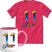 11 Jaar Vrolijke Verjaadag T-shirt met mok giftset Roze | Verjaardag cadeau pakket set | Grappig feest shirt Heren – Dames – Unisex kleding | Koffie en thee mok | Maat S