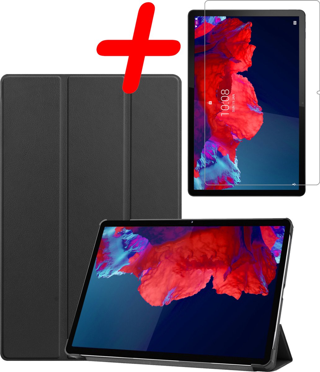 Hoesje Geschikt voor Lenovo Tab P11 - Met Screenprotector - Trifold Bookcase - Hard Cover - Hardcover Book Case - Tablet Hoes - Zwart