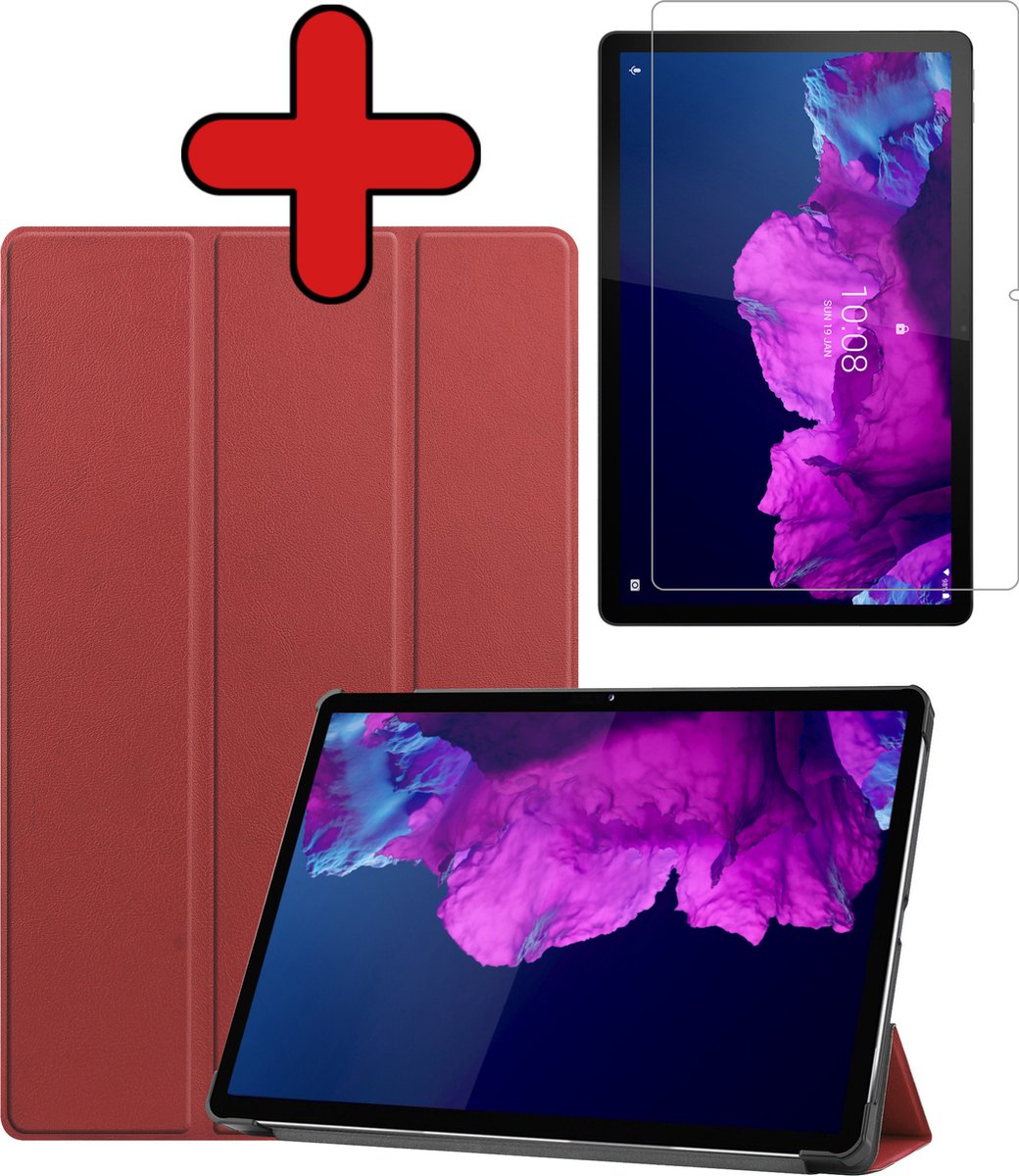 Hoesje - Geschikt voor Lenovo Tab P11 - Met Screenprotector - Hardcover Book Case - Trifold Bookcase Hoes - Hard Cover - Tablethoes - Donkerrood