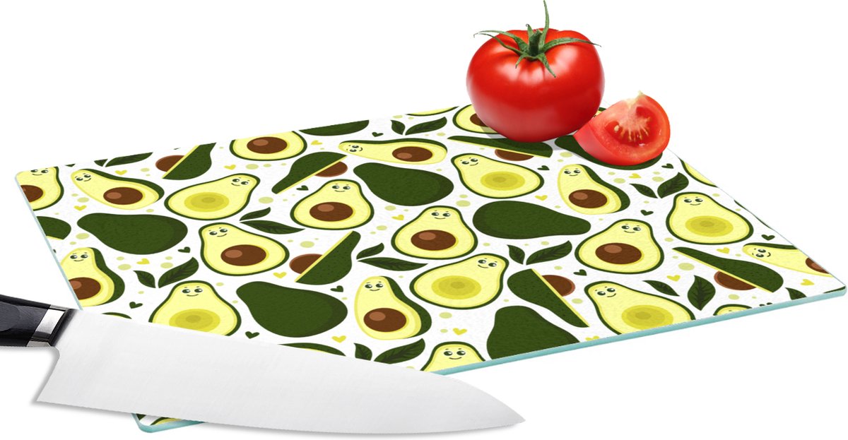 Glazen Snijplank - 28x20 - Patroon - Avocado - Fruit - Patroon - Snijplanken Glas
