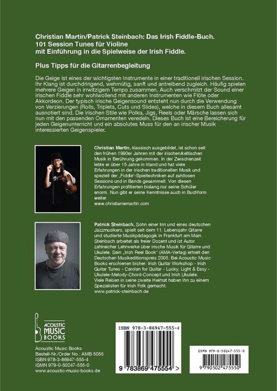 Achterkant van het boek 'Das Irish Fiddle Buch' met foto's van de auteurs en ISBN.