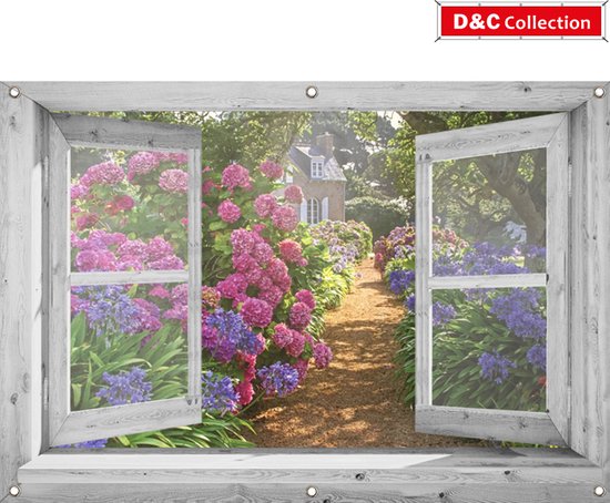 D&C Collection - tuinposter - 130x95 cm - doorkijk - openslaand wit venster - hortensia tuin- tuindoek - schuttingposter - tuindecoratie