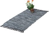 Relaxdays vloerkleed - leder en katoen - tapijt - antislip - chill mat - lappen - franjes - Grijs, 70x140cm