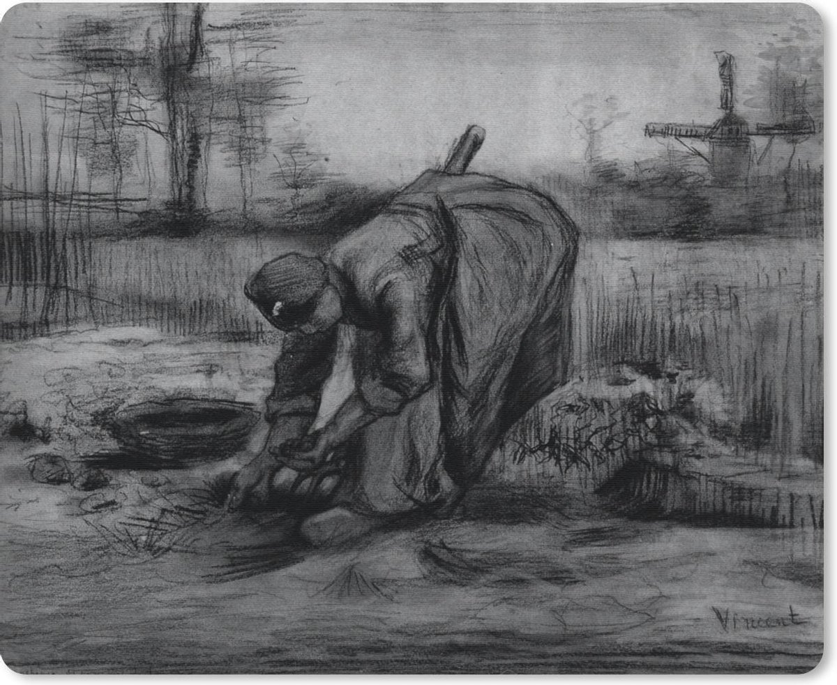 Muismat Vincent van Gogh - Een boerin die aardappels rooit in zwart wit - Schilderij van Vincent van Gogh muismat rubber - 23x19 cm - Muismat met foto