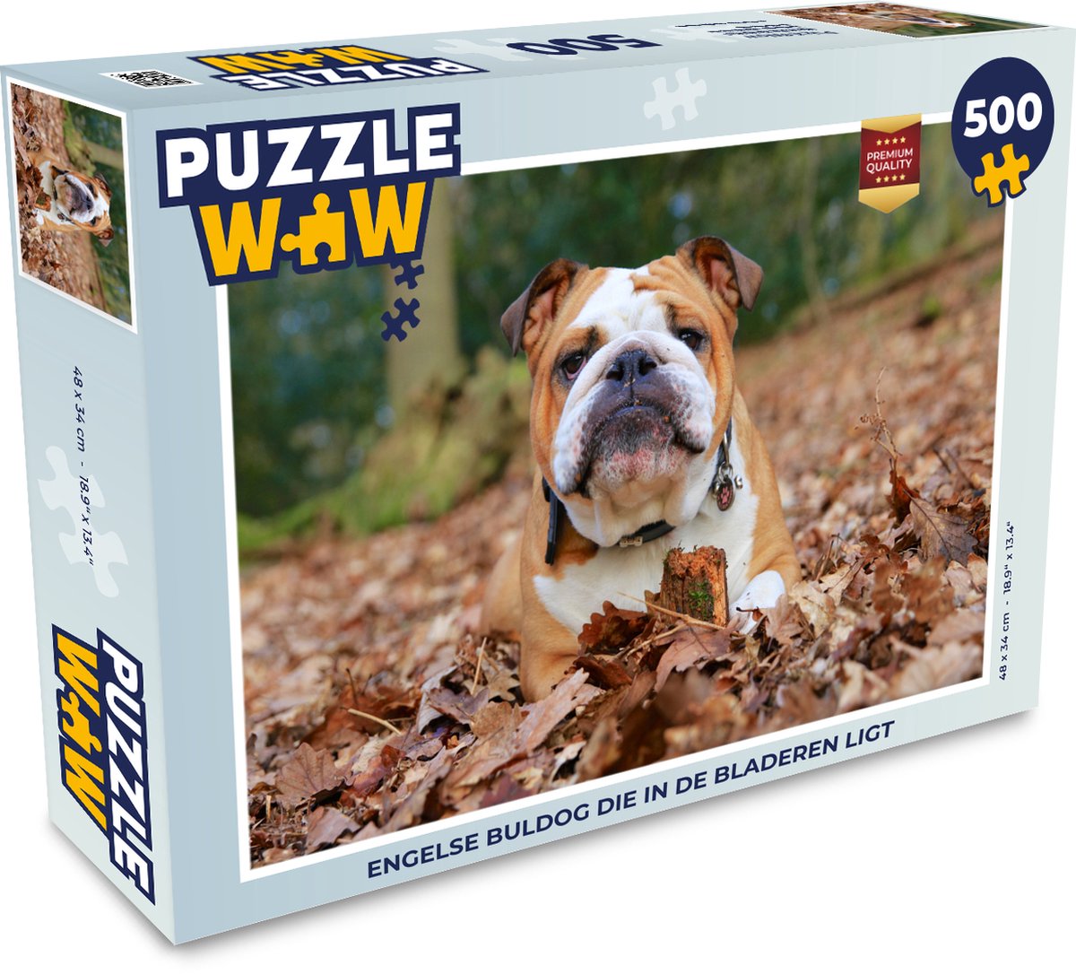 Puzzle Bulldog anglais 500 pièces - Bulldog anglais couché dans les  feuilles | bol.com