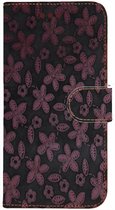Handmadehoesjes vier pasjes (Samsung Galaxy S21 Plus) Donkergrijs leer met roze bloemen