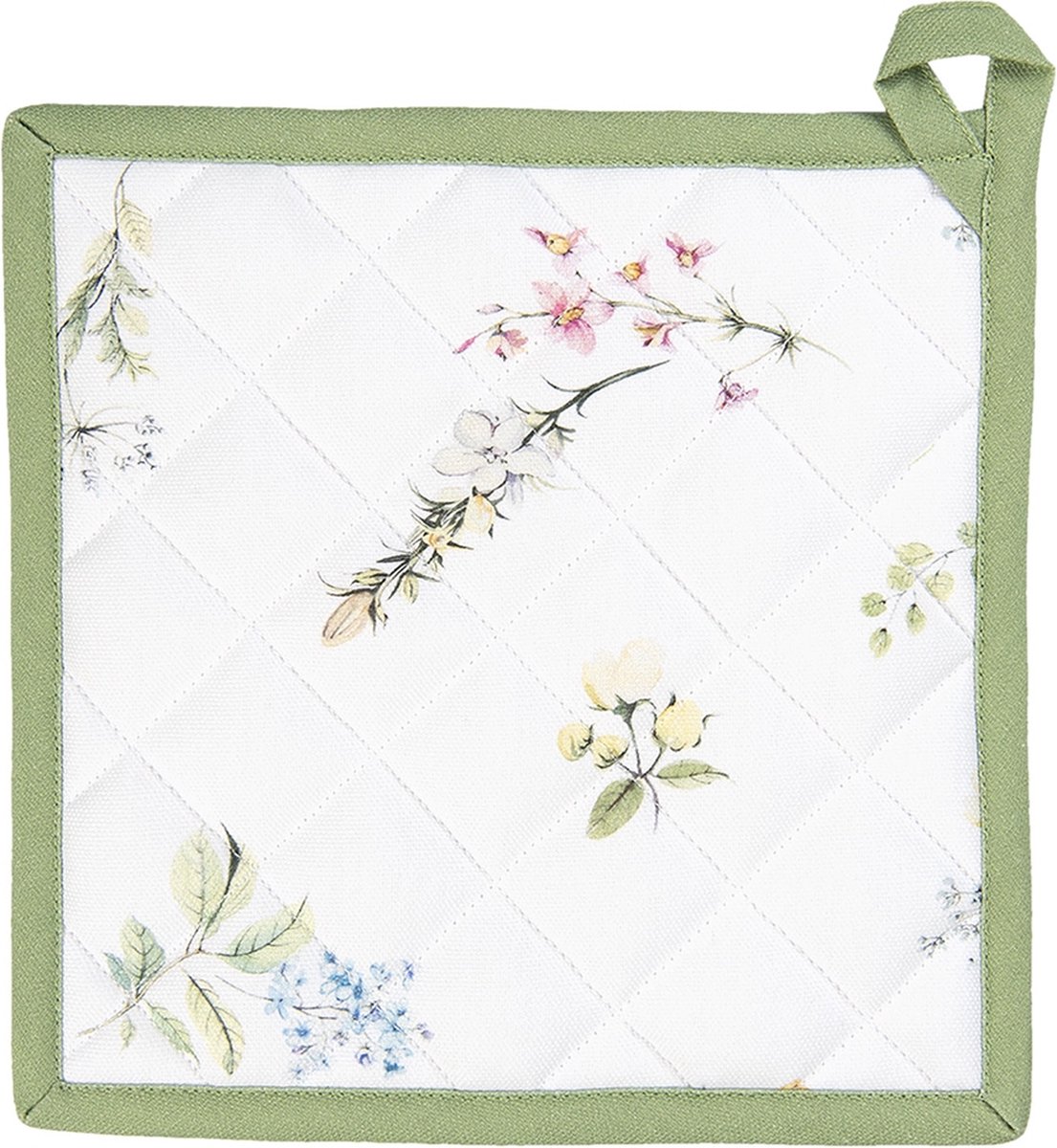 Clayre & Eef Pannenlap 20x20 cm Wit Groen Katoen Vierkant Bloemen Afgiet Pannenlap