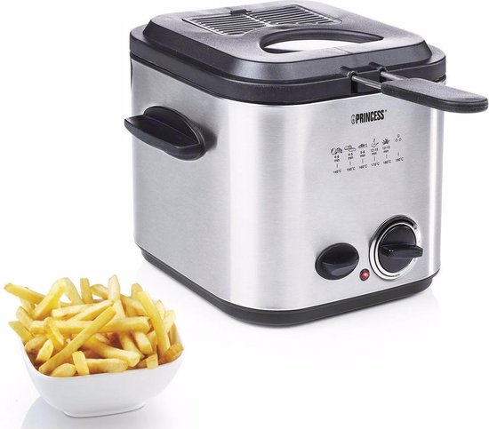RVS frituurpan met een mandje frietjes ernaast.